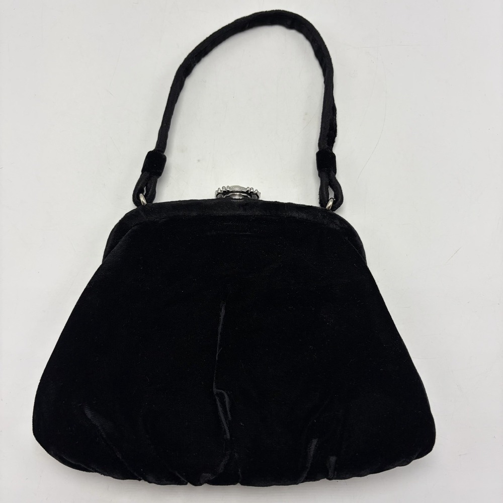 Vintage JR USA Black Velvet Handbag Purse 1960s Coin Purse Handle Pearl